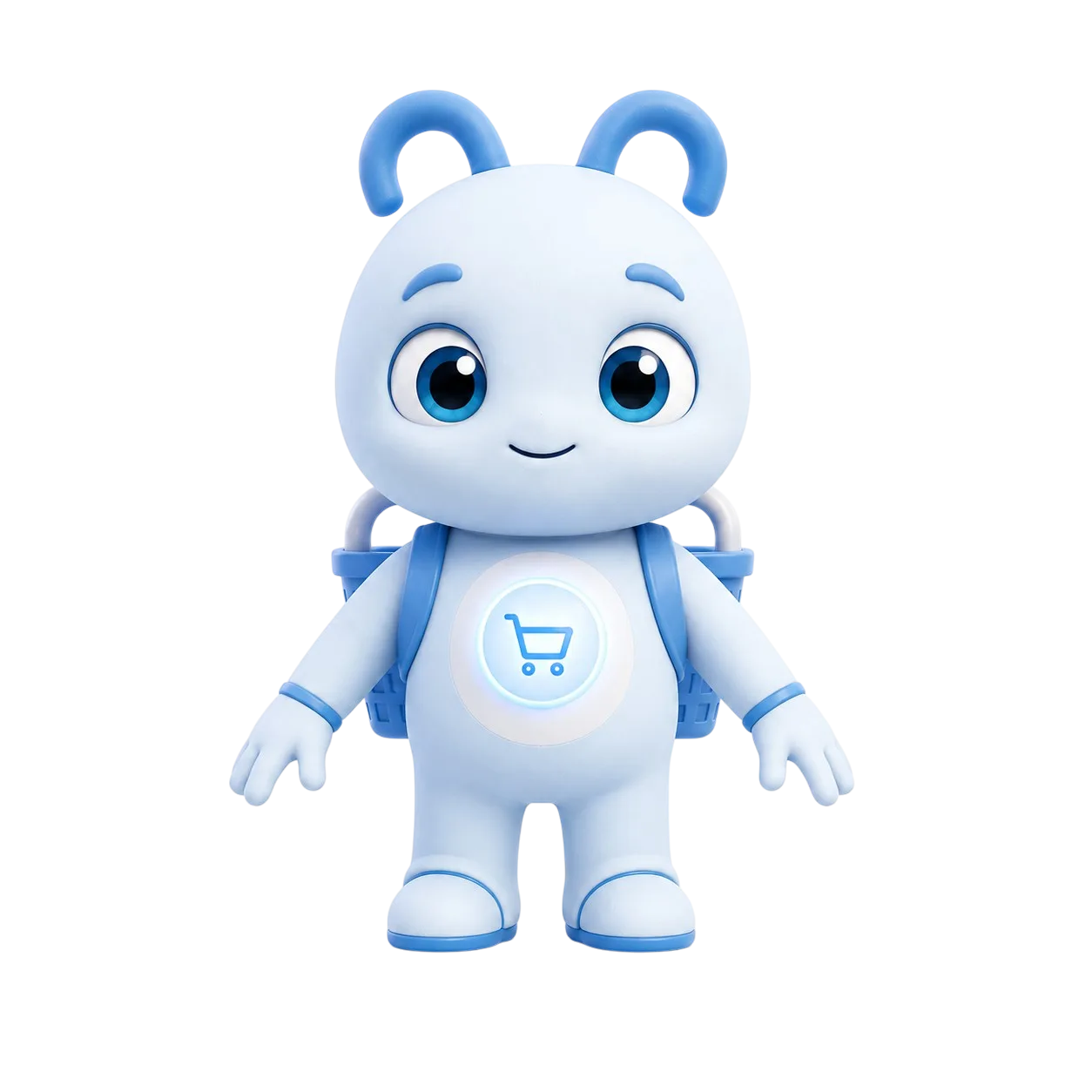 Compi, la mascota de Comprify, una criatura azul con un carrito luminoso en el pecho