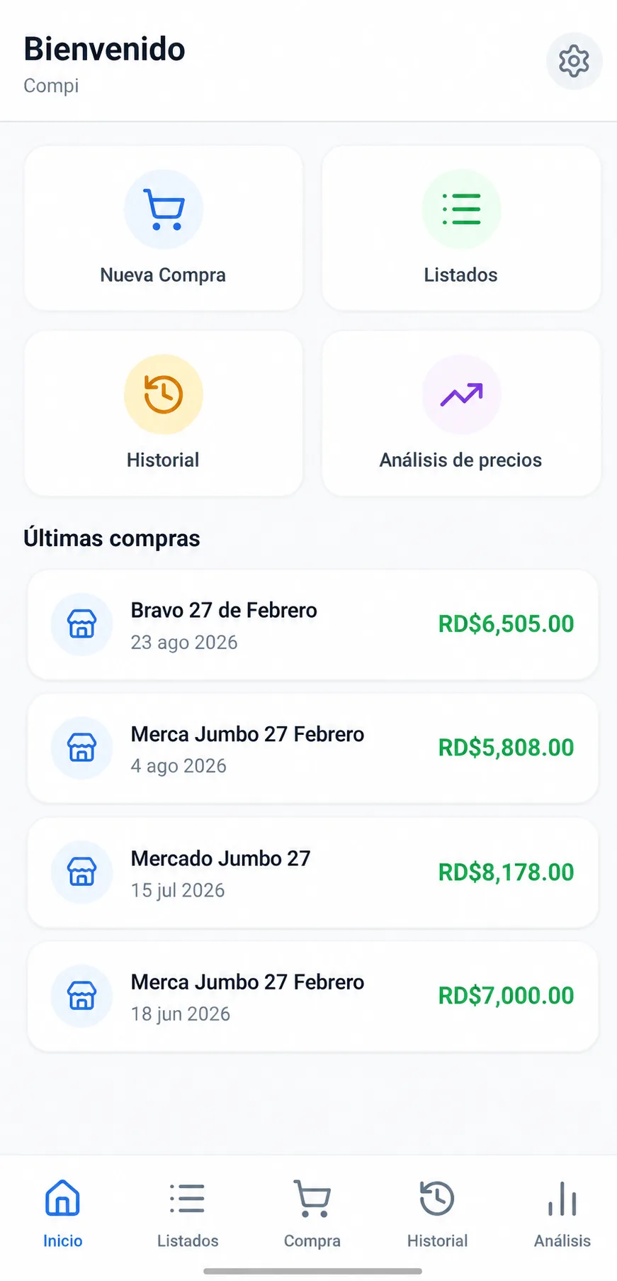 Pantalla de inicio de Comprify con accesos rápidos y últimas compras