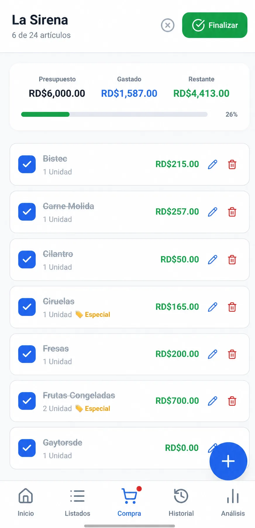 Comprify mostrando el presupuesto, lo gastado y lo restante durante una compra